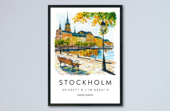 Stockholm Sweden Watercolor Travel Poster With Waterfront And Old Town View