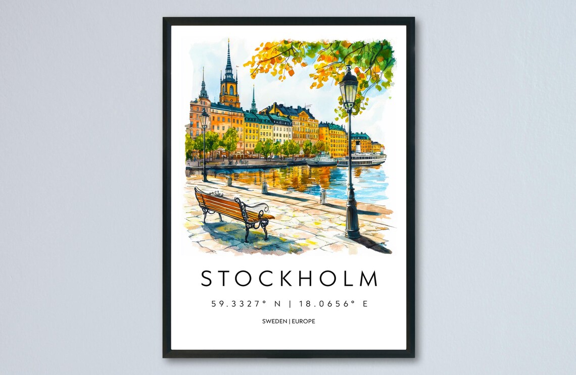 Stockholm Sweden Watercolor Travel Poster With Waterfront And Old Town View