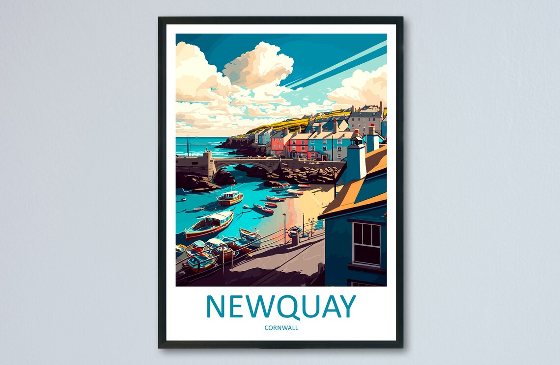 Newquay Cornwall Harbor Fishing Boats Colorful Houses Sunset Poster