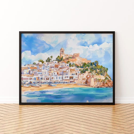 Ibiza Watercolor Poster Landscape Wall Art Hanging Home Dcor Gift Lovers Spain