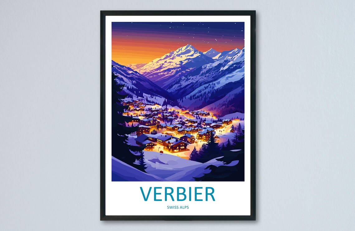 Verbier Swiss Alps Glowing Ski Village Night Stars Travel Poster