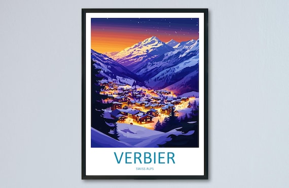 Verbier Swiss Alps Glowing Ski Village Night Stars Travel Poster