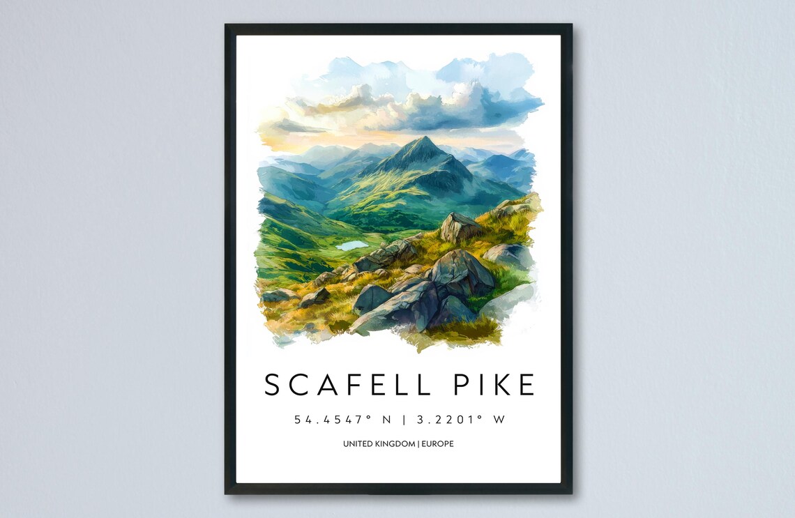 Scafell Pike Watercolor Rocky Peak View Travel Poster With Coordinates