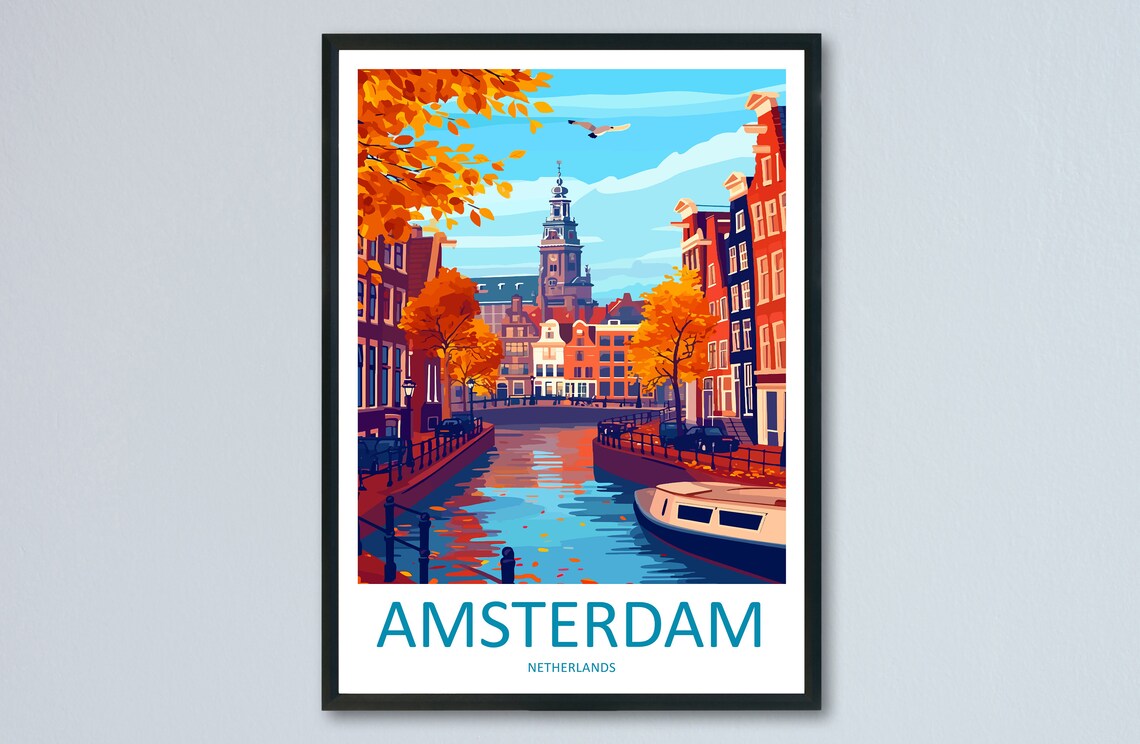 Amsterdam Netherlands Autumn Canal Church Tower Boats Travel Poster