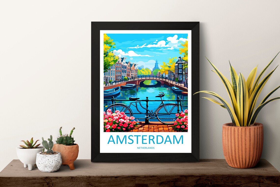 Amsterdam Netherlands Canal Bicycle Tulips Vintage Travel Poster Art - Image 3
