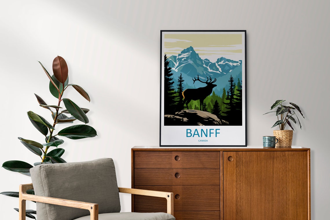 Banff Canada Elk Silhouette Against Snowy Mountain Peaks Poster - Image 2
