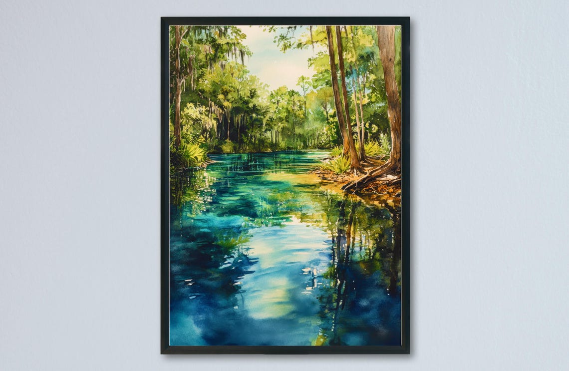 Turquoise Forest River Spring Watercolor Nature Landscape Poster
