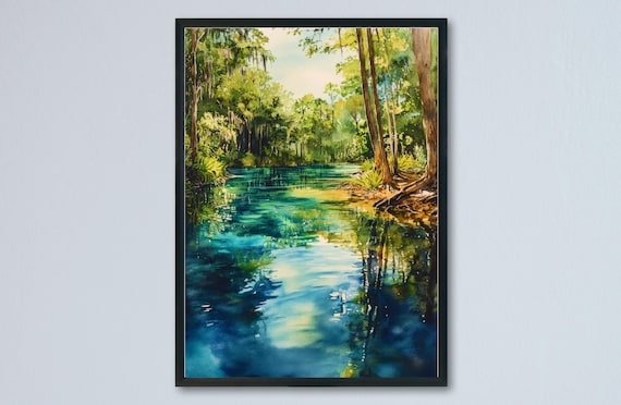 Turquoise Forest River Spring Watercolor Nature Landscape Poster