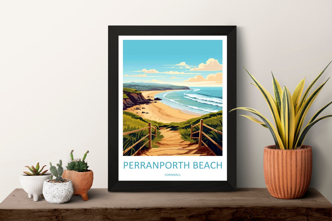 Perranporth Beach Cornwall Sandy Cove Steps Sunny Summer Travel Poster - Image 3