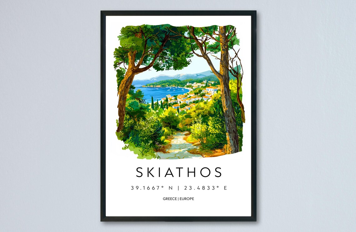 Skiathos Greece Pine Forest Island View Watercolor Travel Poster