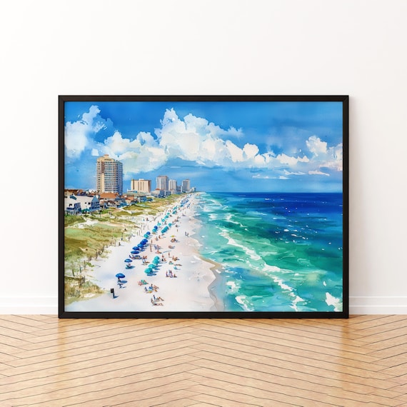 Pensacola Beach Florida Aerial Watercolor Poster Turquoise Ocean Coastline