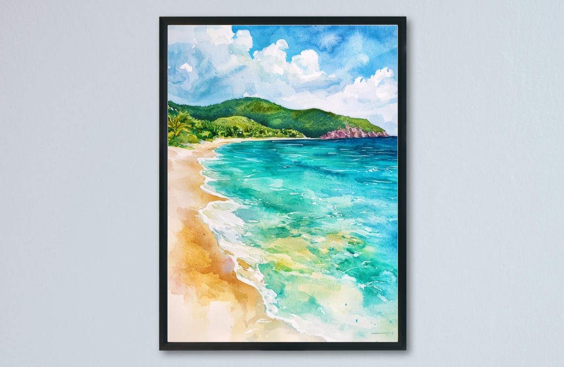 British Virgin Islands Watercolor Turquoise Beach Shoreline Poster