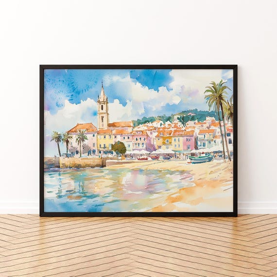 Cascais Watercolor Poster Wall Art Hanging Home Dcor Gift Lovers Portugal