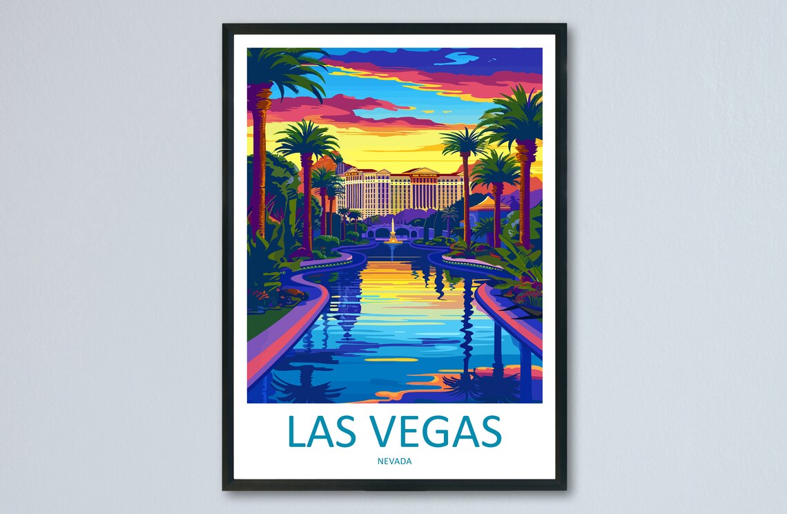 Las Vegas Nevada Poster with Fountain Lake and Palms at Sunset