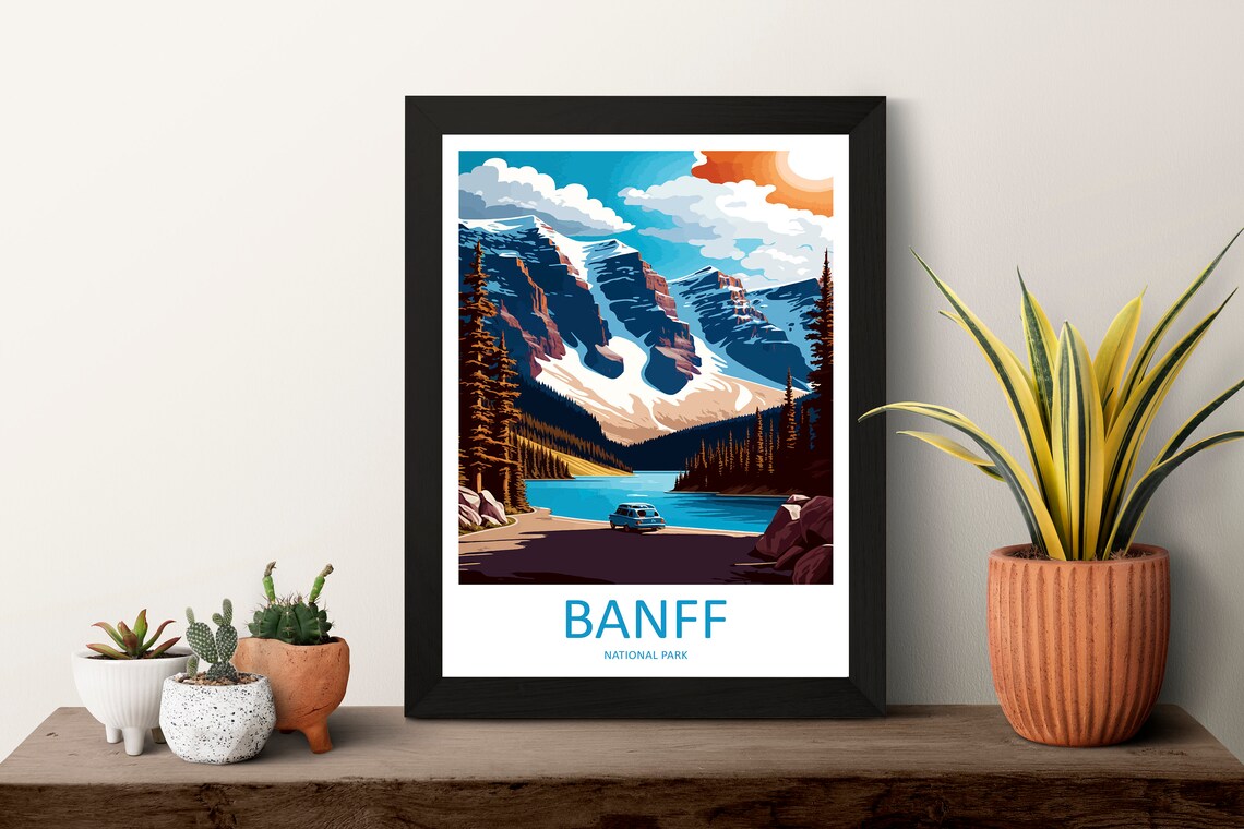 Banff National Park Canada Travel Poster with Peaks and a Vintage Car - Image 3