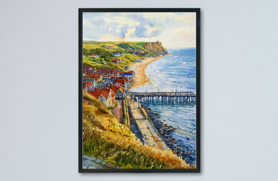 Saltburn England Seaside Pier Beach Cliffs Watercolor Poster