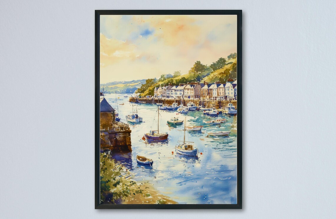 Fowey Cornwall Estuary Sailboats Waterfront Houses Watercolor Poster