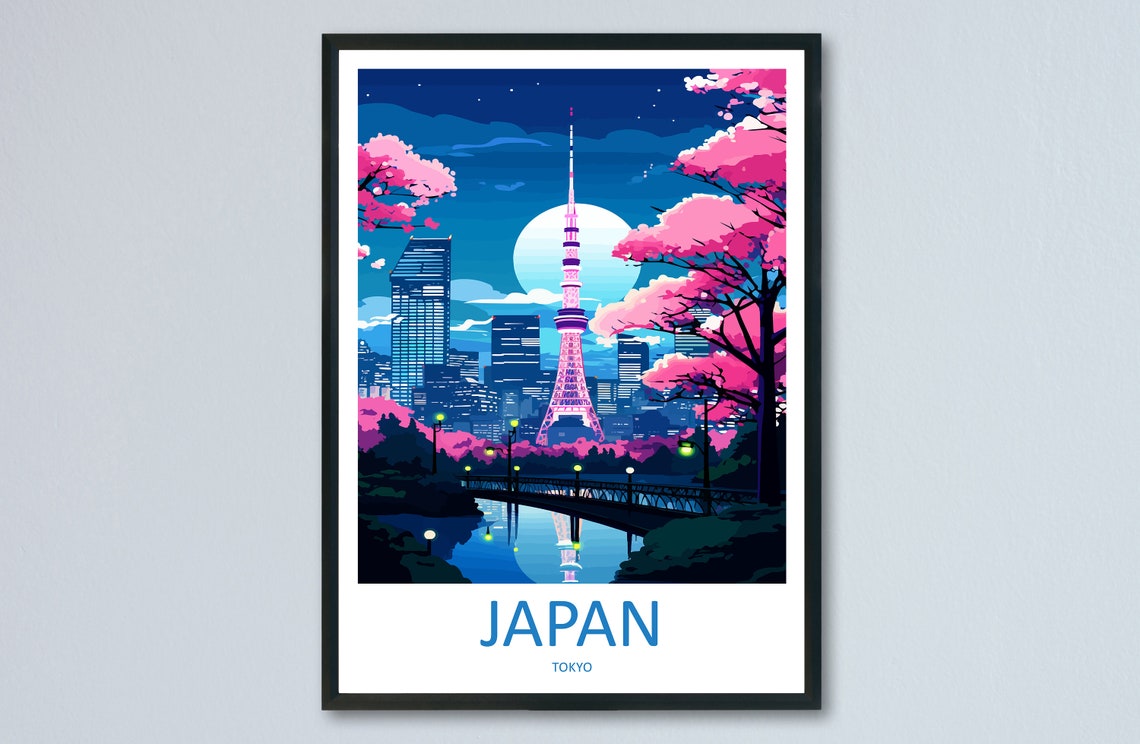 Japan Tokyo Skytree Cherry Blossom Moonlit Night Skyline Art Poster