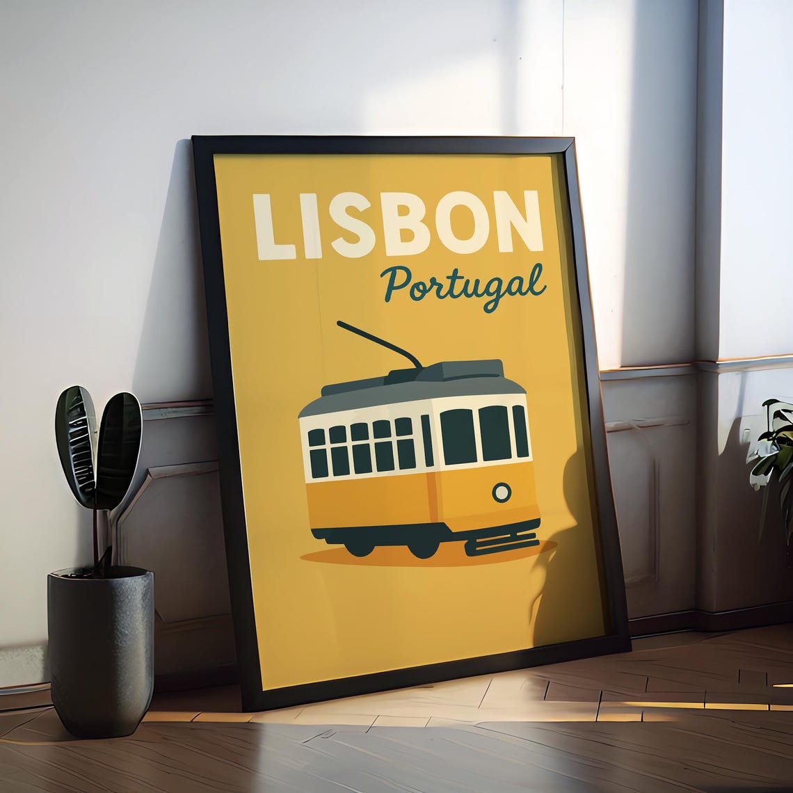 Lisbon Portugal Iconic Yellow Tram Retro Vintage Style Travel Poster