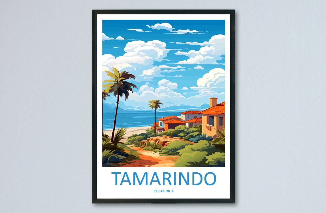 Tamarindo Costa Rica Palm Lined Beach with Red Roofed Villas Travel Poster