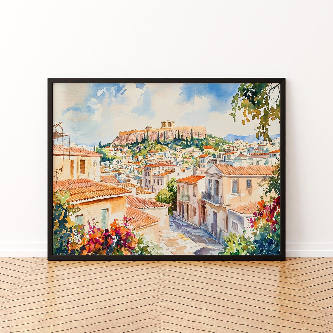 Athens Acropolis Hill Old Town Flowers Watercolor Travel Poster