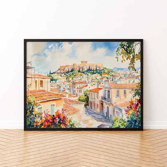 Athens Acropolis Hill Old Town Flowers Watercolor Travel Poster