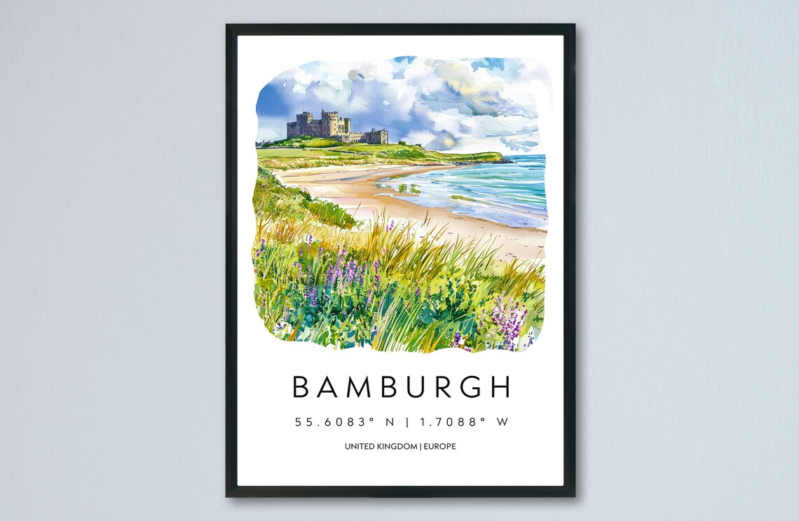 Bamburgh Castle Coastal Watercolor Beach Scene England United Kingdom Poster