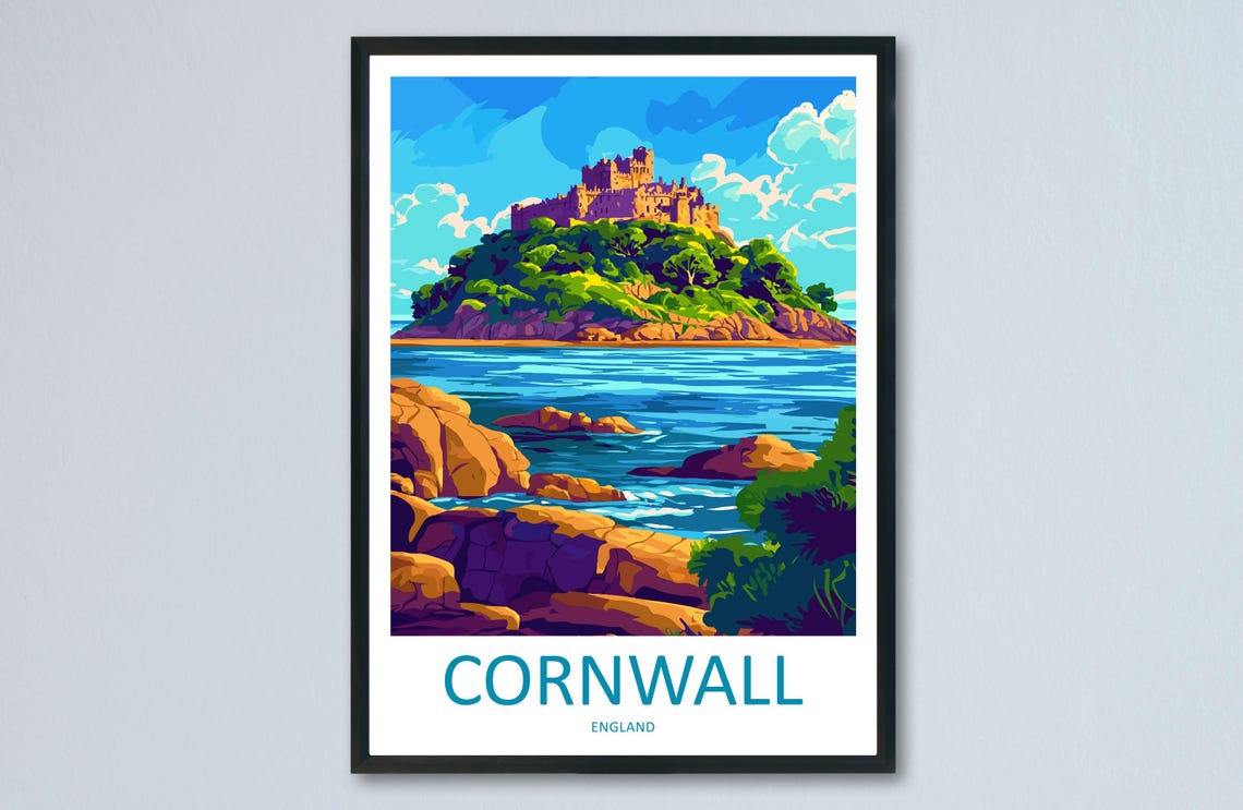 Cornwall Castle Island Rocky Shoreline Sea Coast England Travel Poster