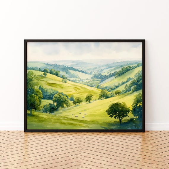Howardian Hills England Watercolor Poster Travel Print Countryside Landscape Painting Wall Art Uk Souvenir