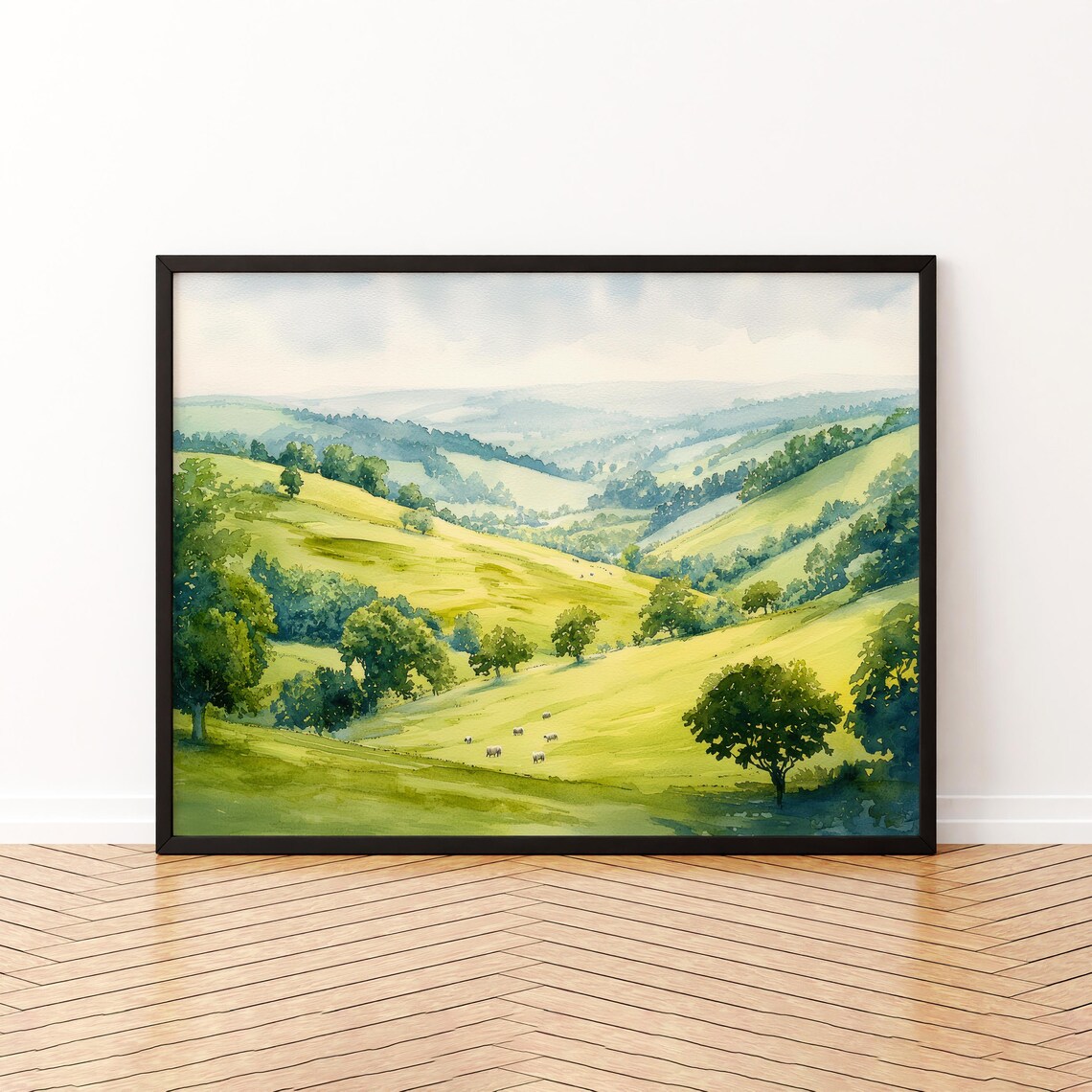 Howardian Hills England Watercolor Poster Sheep Pastures Green Hills Decor