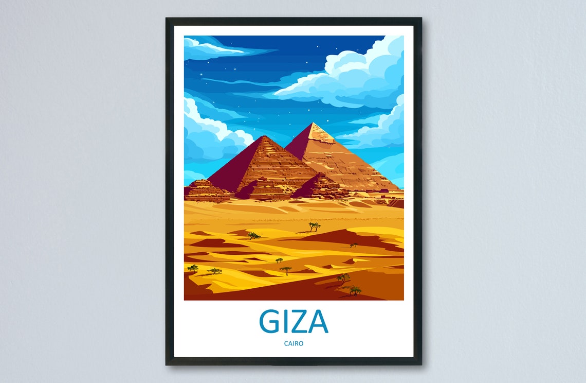 Giza Cairo Egypt Illustrated Pyramids Desert Sunset Travel Art Poster