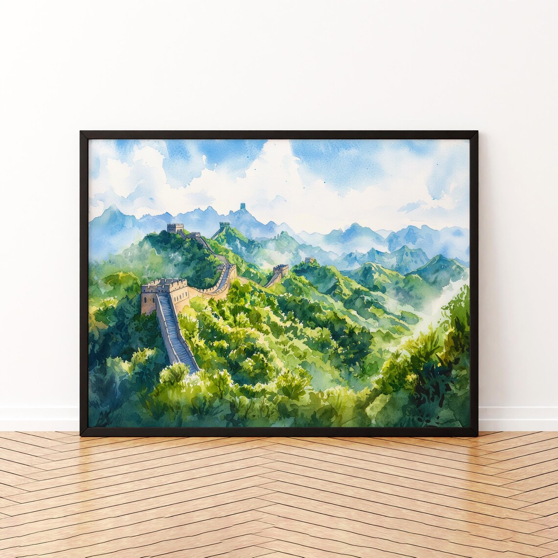 Great Wall of China Watercolor Poster Green Mountains Panoramic View Scenery