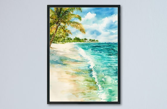 Tropical Beach With Palm Trees and Distant Green Island Poster