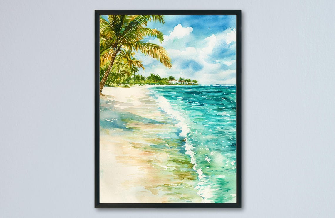 Tropical Beach With Palm Trees and Distant Green Island Poster