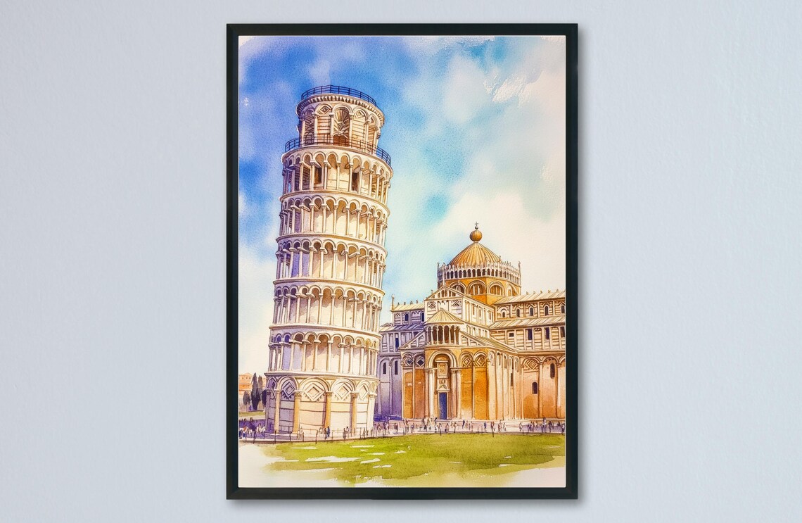 Leaning Tower of Pisa Cathedral Italy Watercolor Travel Poster