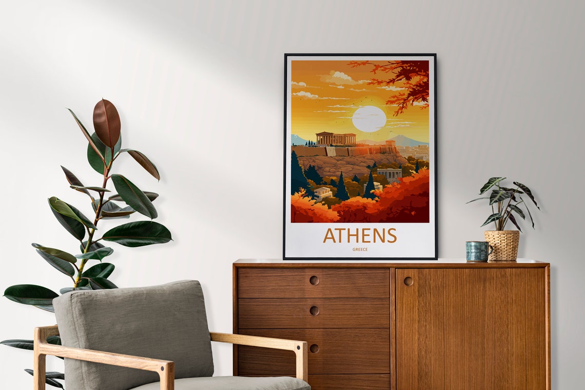 Athens Acropolis Sunset Orange Sky Illustration Travel Poster - Image 2
