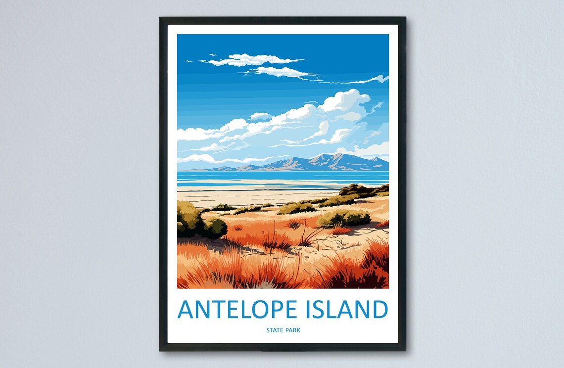 Antelope Island State Park Lake Grassland Mountain Travel Poster