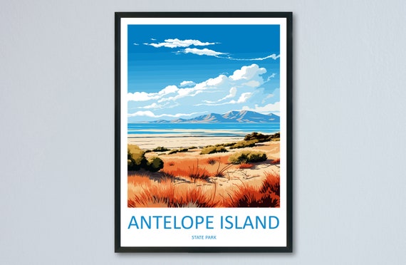 Antelope Island State Park Lake Grassland Mountain Travel Poster