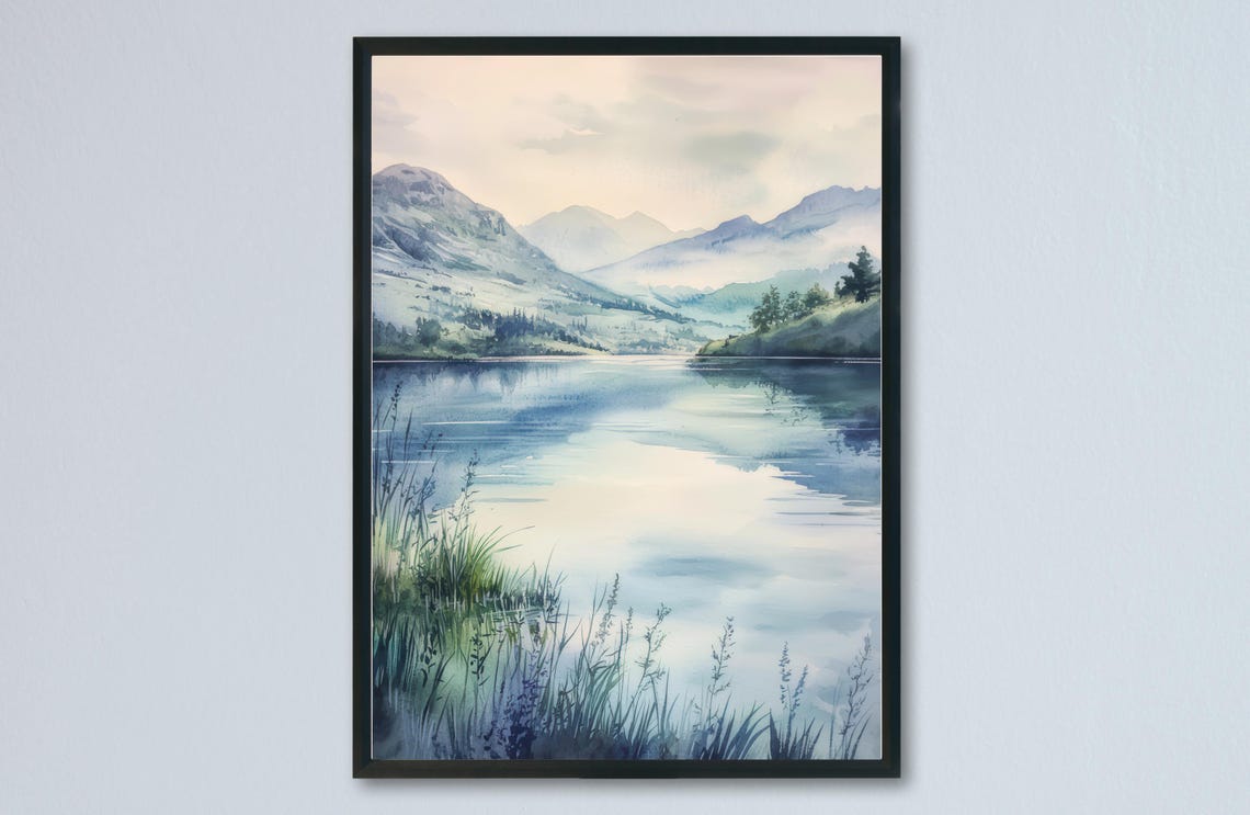 Serene Blue Mountain Lake at Dawn Watercolor Landscape Poster