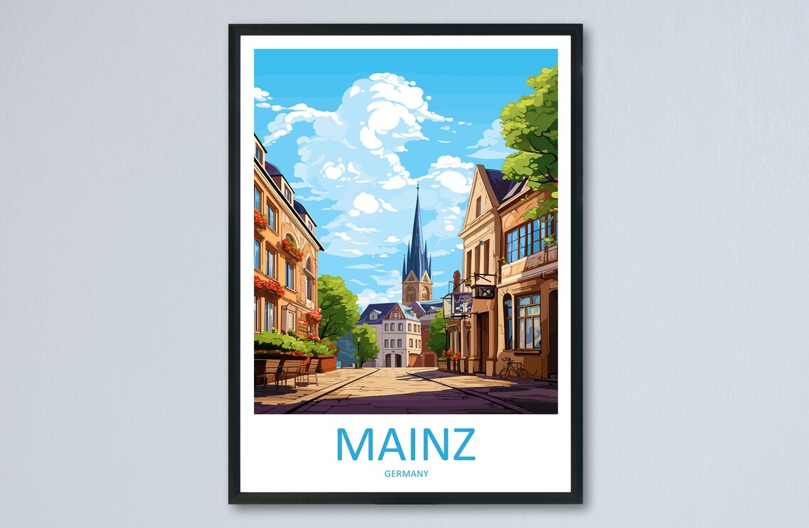 Mainz Germany Church Spire Old Town Street Vintage Travel Poster
