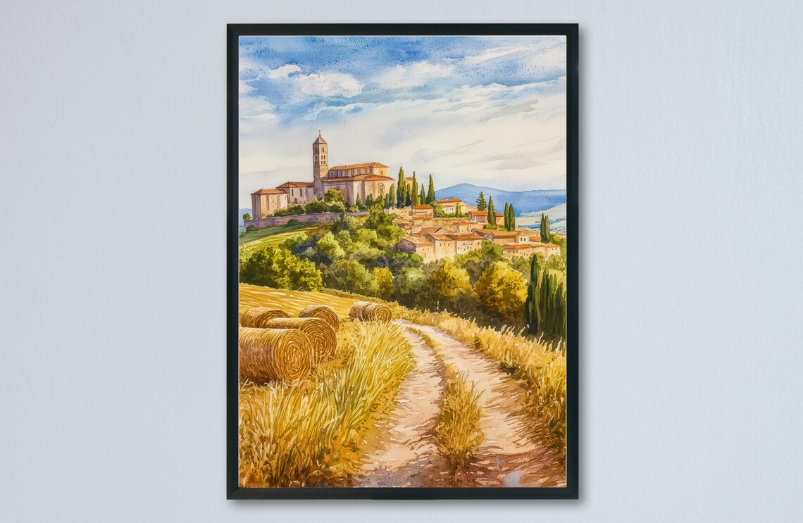 Hilltop Village Golden Wheat Fields Watercolor Landscape Poster