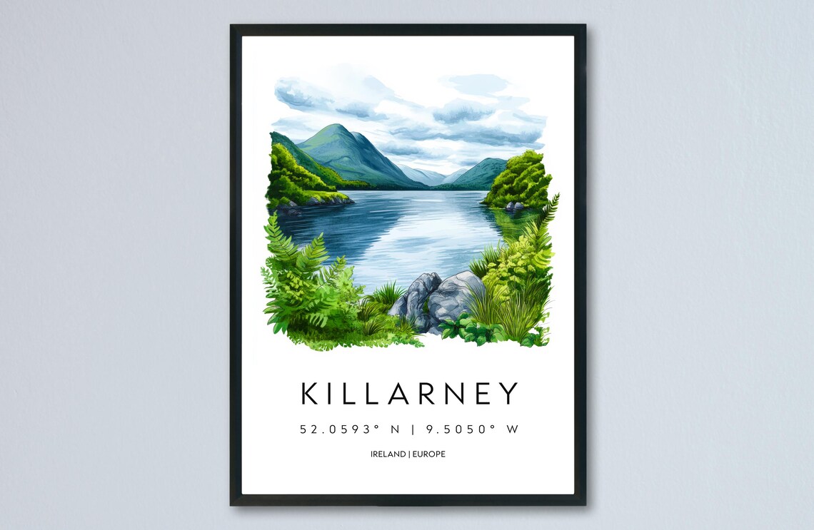 Killarney Ireland Mountain Lake Watercolor Travel Art Poster