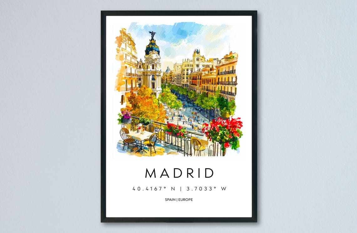 Madrid Watercolor Travel Poster, Spain City Scene