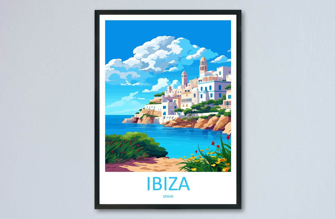 Ibiza Spain Whitewashed Coastal Old Town Vintage Travel Poster