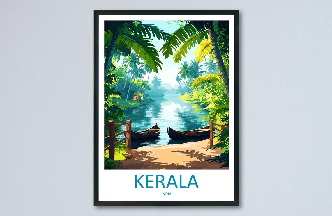 Kerala India Backwaters Palm Boats Tropical Lagoon Travel Poster