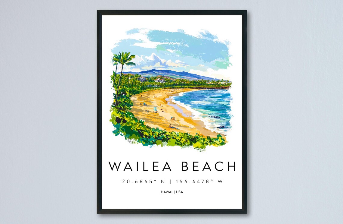 Wailea Beach Hawaii Golden Sand Crescent Watercolor Travel Poster