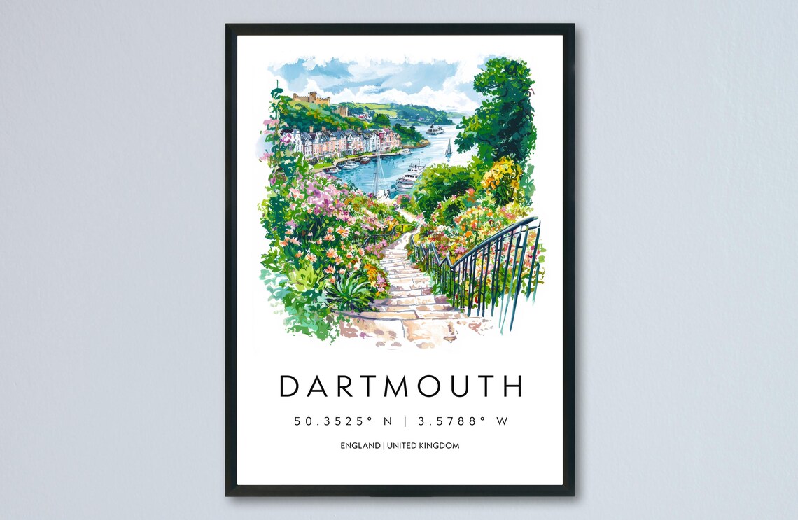 Dartmouth Harbor Stone Stairs Flower Gardens England Watercolor Poster