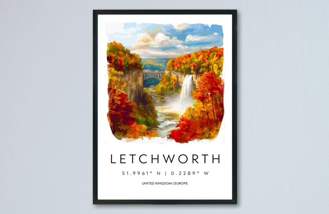 Letchworth Autumn Waterfall Gorge Watercolor Travel Poster Coordinates