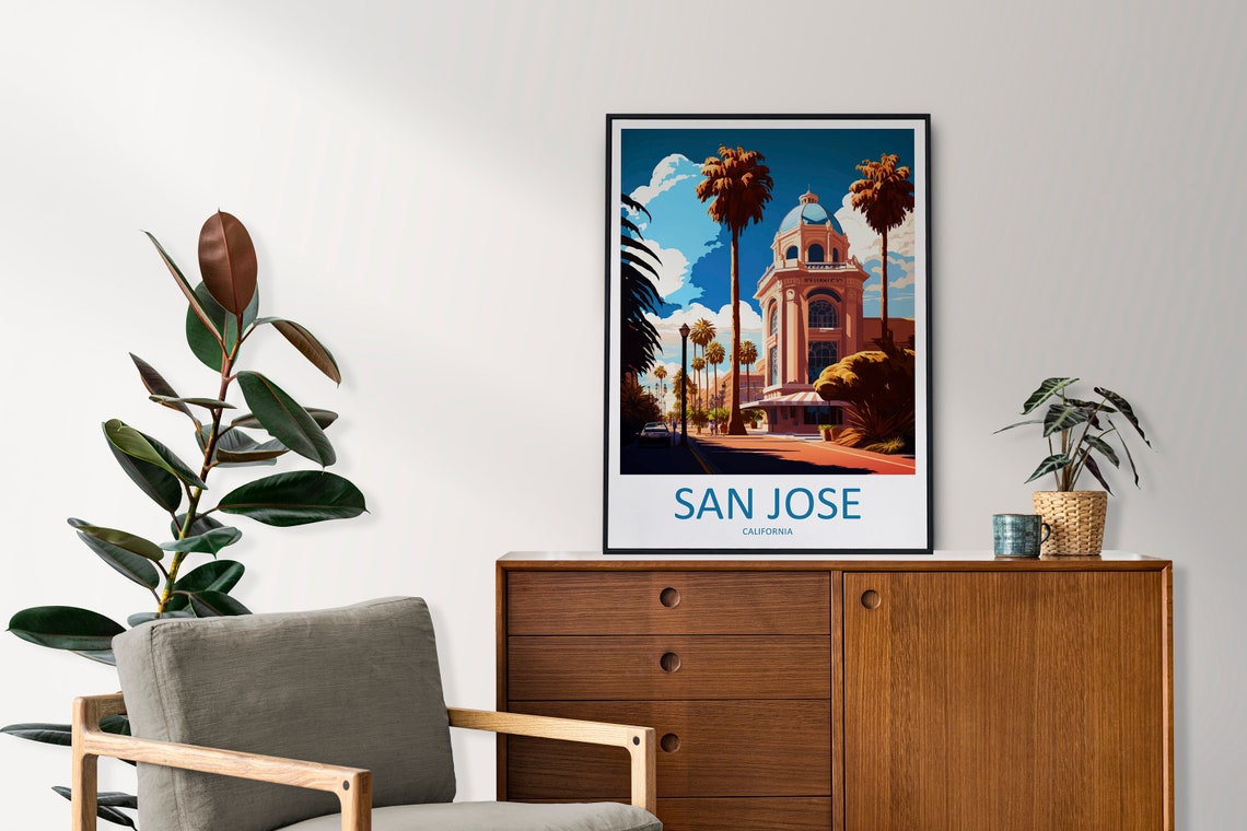 San Jose California Pink Dome Building Palms Sunny Travel Poster - Image 2