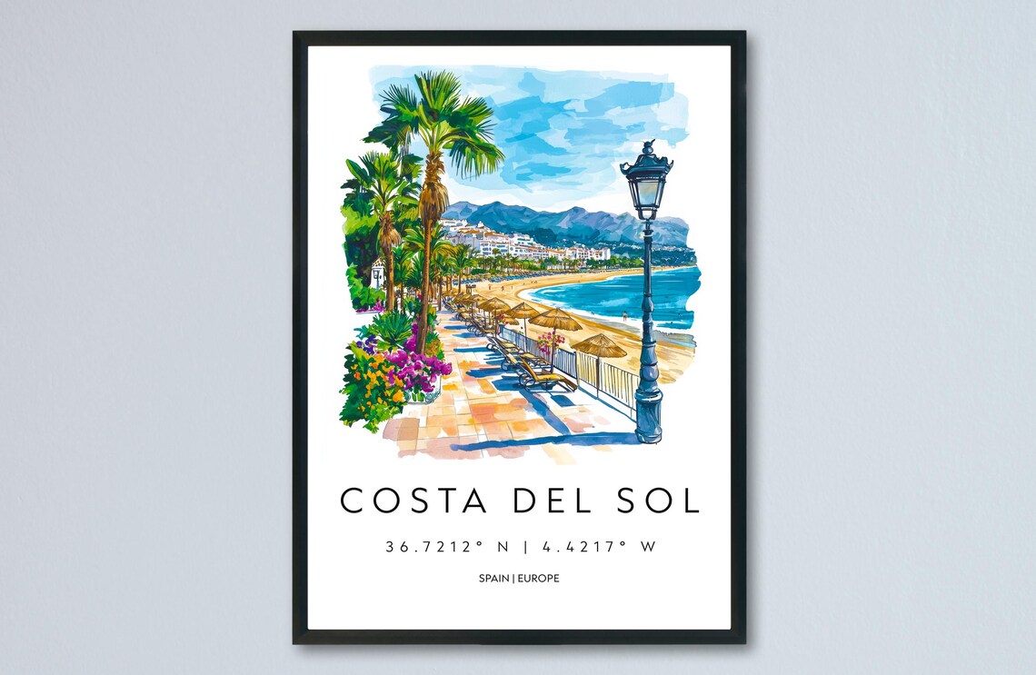 Costa Del Sol Watercolor Spain Beach Promenade Palms Travel Poster